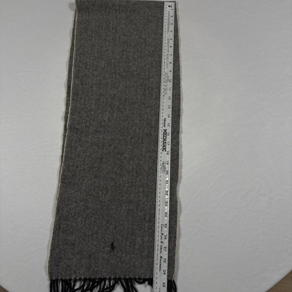 Polo Ralph Lauren Scarf Mens OS Grey Herringbone Lambswool Tassel Fringe EUC